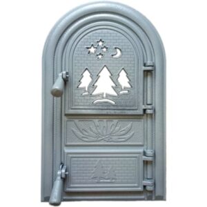 Usa din fonta cu geam pentru sobe, seminee, cu cenusar, gri