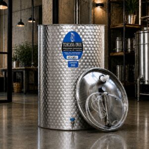 Cisterna inox vin 300L cu capac cu etansare gonflabila AISI 304, fund plan - Toscana Inox